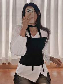 DAZY 女款拼接撞色 2 合 1 領口長袖前綁帶休閒優雅正式度假風春秋襯衫 - 白色 - 查看 3