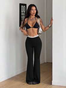 Coolane Women's Lace Patchwork Flare Pants - Black - View 5