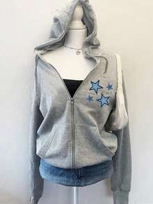 SHEIN EZwear 女款休閒開襟連帽衛衣，女款秋冬服飾，星星印花，夏季服飾，街頭風，適合日常通勤、約會、派對、秋冬、夏季、派對、婚禮、海灘、畢業典禮、優雅、休閒、外出、Y2K、音樂節穿搭、度假服飾、返校服飾 - 淺灰色 - 查看 7