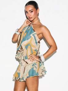 KIZN Halter Neck Abstract Print Mini Dress With Ruffled Hem For Summer Party - Brown - View 5