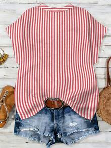 EMERY ROSE Plus Size Women Striped V-Neck Blouse With Cutout Sleeves, Minimalist Commuter Style - Multicolor - View 2