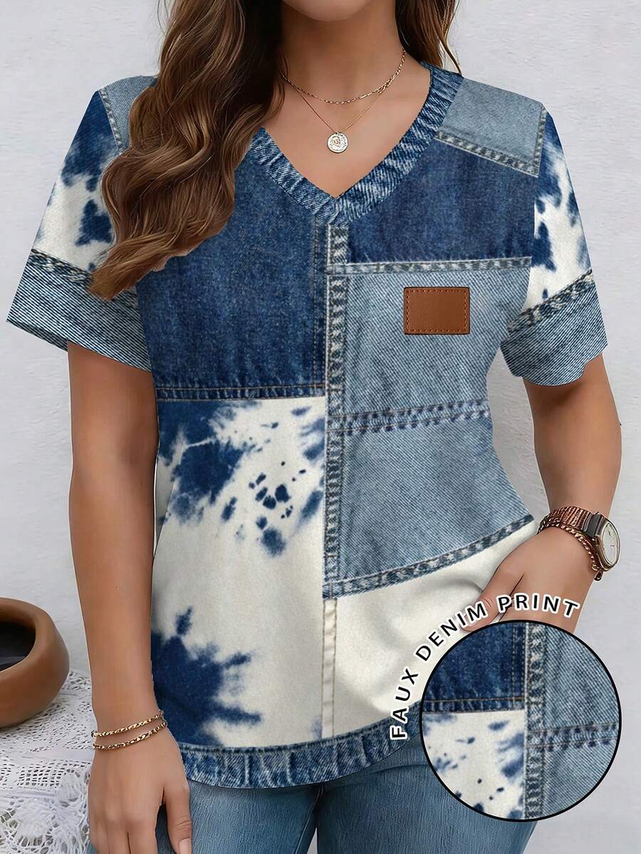 EMERY ROSE Patchwork Pattern Twill Texture Round Neck Short Sleeve Casual Plus Size T-Shirt, Spring - Multicolor - View 1