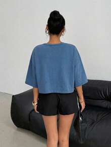 SHEIN EZwear 女士纯色简约圆领长袖T恤，日常穿着 - 藍色 - 查看 2