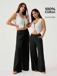 SHEIN Tall 100%水洗棉低腰直筒長褲 - 黑色 - 查看 3