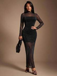 Radiana Women's Sexy Elegant Graceful Black Flocked Jacquard Mesh Dress, Long Sleeve Fitted Dress, High Neck Dress, Sheer Dress, Long Dress, Suitable For Date, Party, Cocktail, Club, Garden Afternoon Tea, Casual Outing - Black - View 4