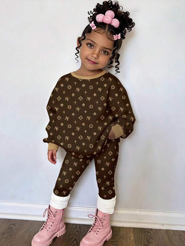 Vintage Maillard Caramel Brown Geometric Print, Young Girl Casual Crew Neck Long Sleeve Sweatshirt & Leggings 2-Piece Set, Suitable For Autumn/Winter, Street Retro Style, Relaxed & Comfortable, Kids Autumn Layering, Y2K, Sports Outfit, Outing, Street Style, Campus, Chill Chill