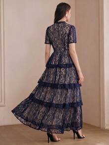 Anewsta Petite Summer New Short Sleeve Navy Blue Multi-Layer Lace Ruffle Hem Elegant Versatile Long Dress - Navy Blue - View 9