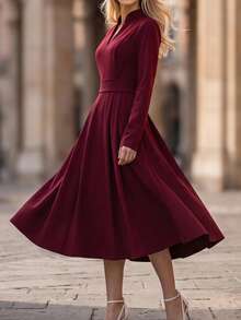 Editum Gaun Elegan, Gaya Hepburn, Leher V Kecil, Rok Mengembang Bervolume, Detail Kerut, Gaya Prancis, Musim Gugur/Pernikahan/Kantor - Burgundy - View 6