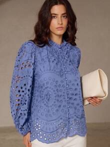 Frievida Autumn New French Style Premium Casual Heavy Embroidery Hollow Out Ruched Puff Long Sleeve Blouse - Baby Blue - View 5