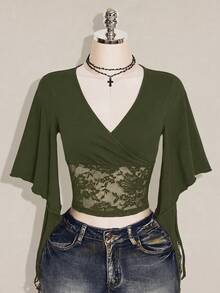 SHEIN ICON 女款法式蕾絲修身百褶甜美T恤 - 軍綠色 - 查看 1