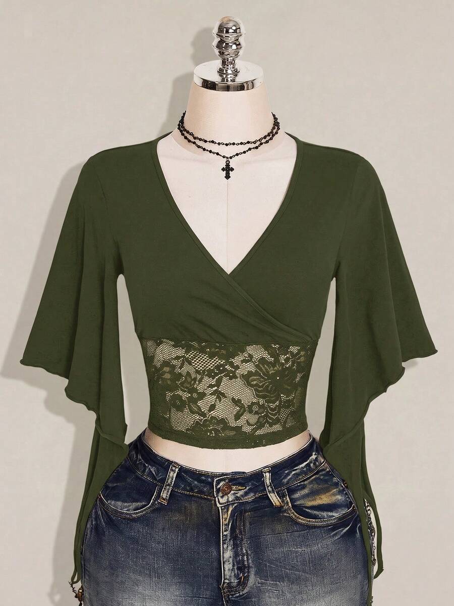SHEIN ICON 女款法式蕾絲修身百褶甜美T恤 - 軍綠色 - 查看 1
