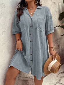 SHEIN CURVE+ 大码女士优雅日常纯棉纯色梭织纽扣落肩泡泡袖口袋V领中长连衣裙，夏季 - 霧霾藍 - 查看 8