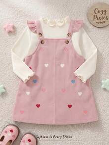 Cozy Pixies Baby Girl Solid Color Knit Soft Round Neck Long Sleeve Pullover Top And Heart Embroidered Pattern Suspender Short Dress 2 Pieces Cute Ruffled Pink Set - Pink - View 1