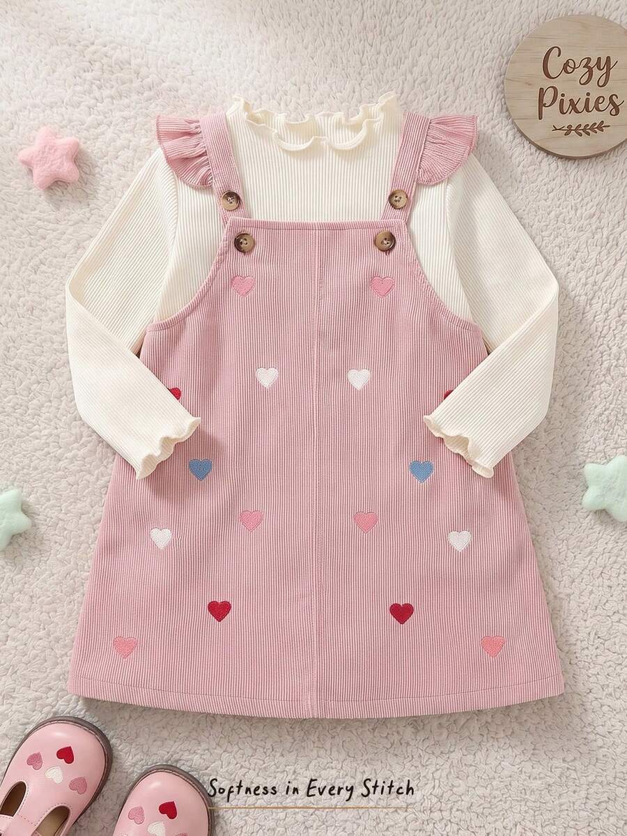 Cozy Pixies Baby Girl Solid Color Knit Soft Round Neck Long Sleeve Pullover Top And Heart Embroidered Pattern Suspender Short Dress 2 Pieces Cute Ruffled Pink Set - Pink - View 1