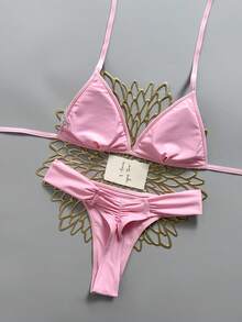 Swim Mod 女款 2 件組粉色紋理布料三角綁帶上衣與抓皺比基尼泳褲泳裝套裝，夏季海灘女孩泳衣 - 粉色 - 查看 2