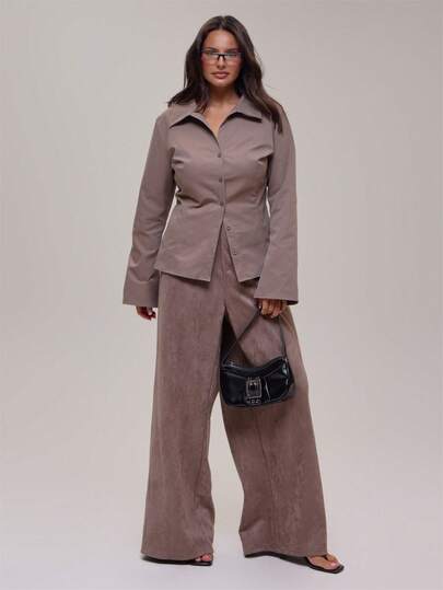 MUSERA Plus Size Brown Suede Straight Leg Trouser Winter Fall Going Out Womens Outfit