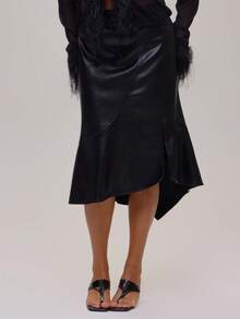 MUSERA Plus Size Black PU Low Waist Midi Skirt Winter Fall Going Out Womens Outfit - Black - View 3