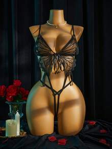 SpicyHot 1pc Sexy Butterfly Embroidered Crotchless Jumpsuit With Straps And Tie - Black - View 5