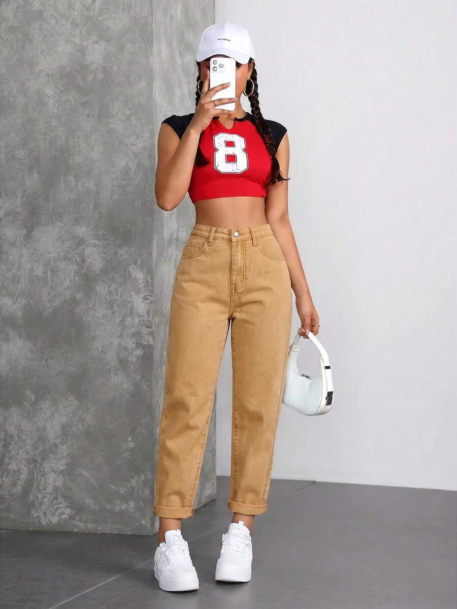 SHEIN ICON 女款休閒日常牛仔褲,附口袋與鈕扣設計 - 駝色 - 查看 1