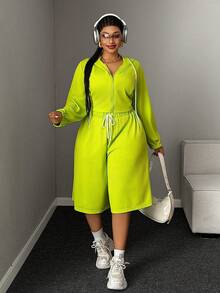 Mawevolt Plus Size Women's Fluorescent Green Minimalist Casual Set Hoodie Zip-Up Loose Relaxed Wide-Leg Capri Pants Drawstring Two Pieces Set Fall - Green - View 5