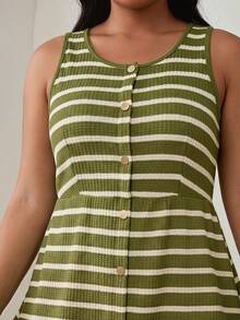 ELLERISSA Plus Size Green & White Stripe Round Neck Sleeveless Front Button Waffle Knit Mini Dress - Green - View 6