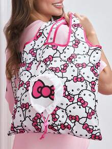 HELLO KITTY AND FRIENDS | SHEIN 可愛貓咪印花可折疊購物袋，附抽繩收納袋，大容量輕量可重複使用，適用於買菜與日常使用 - 白粉 - 查看 3