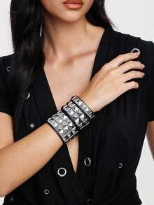 Kryxie 3pcs Punk Rivet Leather Bracelet Set, Unisex, 80s Rivet Cuff, Gothic Punk Rock Spike Bracelet, Metal Material - Style B: 3PCS - View 4