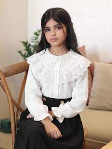 SHEIN 青少年女孩休閒學院風復古優雅修身拼接蕾絲飾邊翻領泡泡長袖前開鈕扣白色梭織純色襯衫 - 白色 - 查看 6