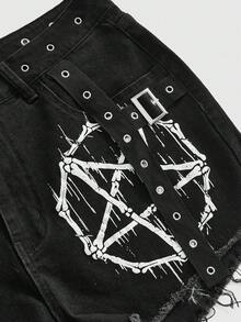 ROMWE Grunge Punk Vintage Punk Pentagram Print Ribbon Plus Size Denim Shorts - Black - View 4
