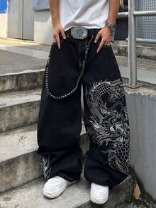 STEELVANCE 街頭風復古時尚百搭做舊水洗鉚釘刺繡花卉設計寬鬆直筒寬腿休閒牛仔褲（不含腰帶與配件） - 黑色 - 查看 3