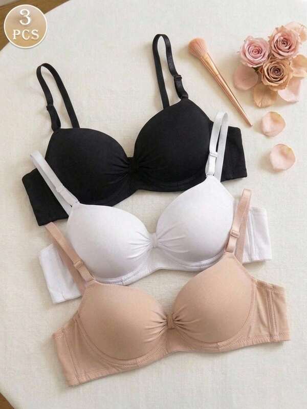Set de 3 sujetadores cómodos y casuales de copa suave inalámbrica de unicolor para mujer, ropa interior