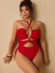 Travachic Plus Size Women's Solid Color Ruched Halter One-Piece Swimsuit, Suitable For Beach Vacation, Pool Party, Beach Party Swimsuits Bathing - Red - View 5
