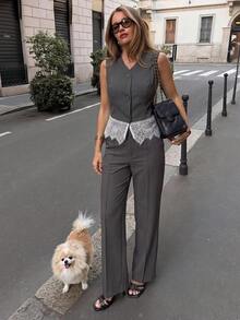 Siren Gaze Women's Grey Sleeveless Suit Vest & Wide-Leg Trouser Set With Lace Detailing – Elegant Autumn Office Wear For The Sophisticated Professional - Grey - View 7