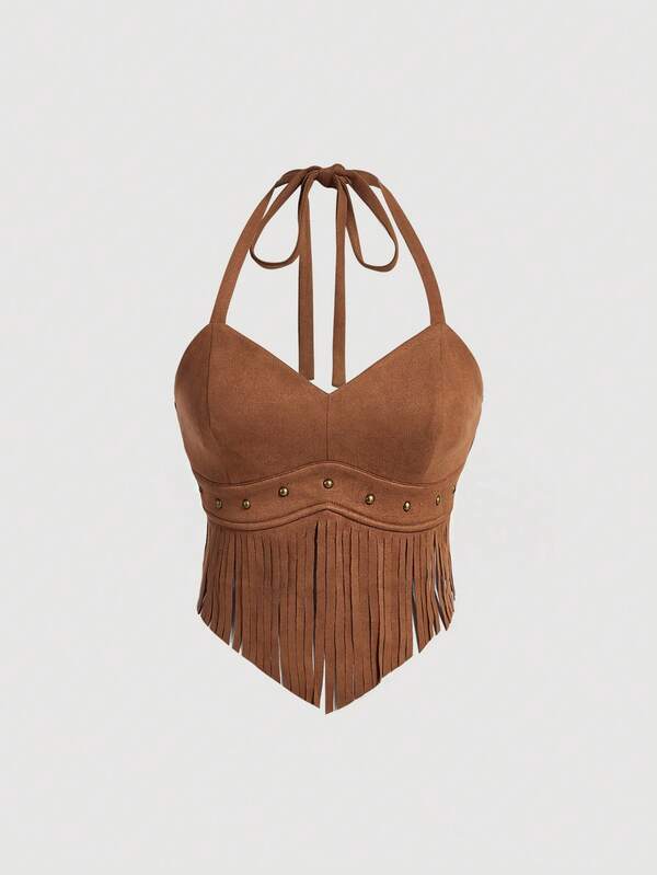 SHEIN MOD Vintage Brown Suede Tassel Halter Neck Top