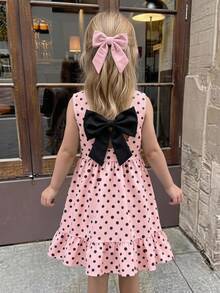 SHEIN Young Girls Polka Dot Print Flutter Sleeve A-Line U-Back Contrast Bow Dress, Suitable For Vacation And Summer Outings 7th Birthday Back To School - Multicolor - View 4