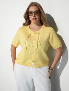 Maija Atasan Rajut Lengan Pendek Wanita Ukuran Besar dengan Desain Kancing Katak - Kuning - View 4