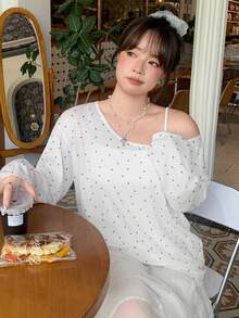 Dazy Plus White Polka Dot Crew Neck Long Sleeve Loose Fit Pullover Casual T-Shirt For Girls, Spring Summer Autumn Cute Tops Brunch Morning Fall - White - View 8