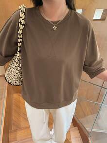 Dazy Plus Solid Color Loose Casual Front Short Back Long Hem Split Design Pullover 3/4 Sleeve T-Shirt For Spring Summer Autumn - Brown - View 8