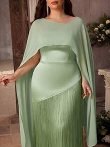 Elitara Plus Size Elegant Romantic Asymmetric Elastic Knit Fabric Patchwork Tassel Formal Evening Gown For Wedding Party Celebration Formal Events (Heavy Work Design) - Green - View 8