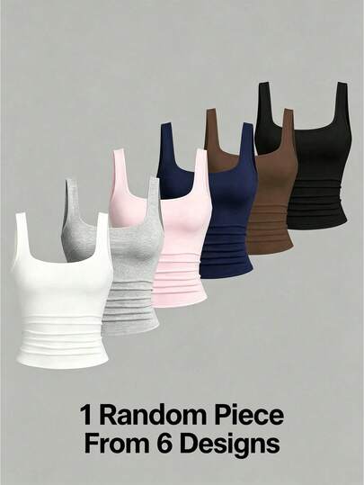 1 Random Piece From 6 Designs; Girls U-Neck Cami Tank Top, New Summer Slim Fit Versatile Backless Undershirt, Suitable For 8-15 Years Old Teenagers Casual Wear