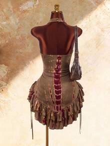 Amplova Bohemian Style High Neck Asymmetrical Ruffle Hem Cinched Waist Mini Dress - Multicolor - View 3