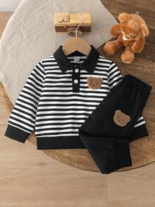 SHEIN Playful Pals 2pcs Toddler Baby Boy Kids School Striped Bear Graphic Long Sleeve Polo Collar Soft Thick Sweatshirt Pants Two Piece Set Outfit Daily Fall Clothes - Multicolor - View 5
