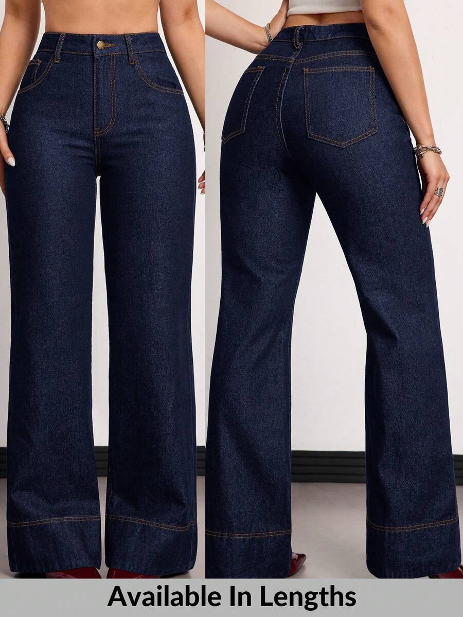 SHEIN PETITE CURVE Plus Size Hot Girl Fashion Button Pocket Denim Jeans Street Style - Blue - View 1