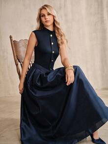 Anewsta Women's Navy Blue And Gold And Elegant Elegant Patchwork A-Line Dress Dinner Cocktail Summer - Navy Blue - View 7