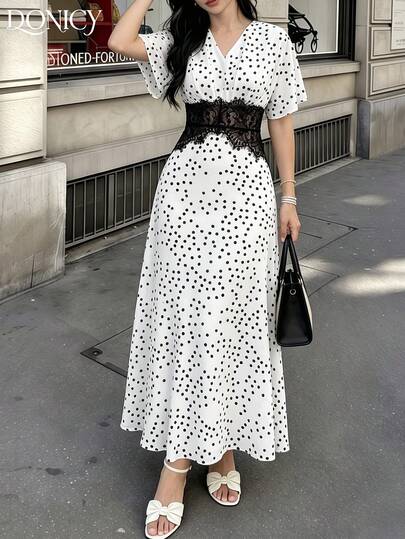 Easura Plus Size 2026 Spring Summer Elegant Black & White Polka Dot V-Neck Short Sleeve Lace Waistband Midi Dress, Slim Fit Cocktail & Office Dress For Curvy Women