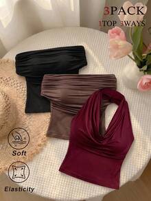 SHEIN MOD 3件套女士纯色褶皱百搭时尚上衣，适合秋冬季节、圣诞节、新年等场合，露肩设计，美观大方，适合节日、乡村、海滩度假、下午茶聚会等各种场合，款式端庄，可作舞会上衣或可爱上衣。 - 彩色 - 查看 12