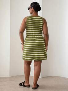 ELLERISSA Plus Size Green & White Stripe Round Neck Sleeveless Front Button Waffle Knit Mini Dress - Green - View 5