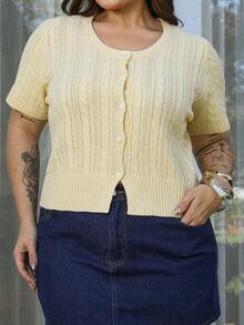 Bibi Tomais Plus Size Women's Yellow Braided Knit Short Sleeve Top, Spring/Summer - Yellow - View 5
