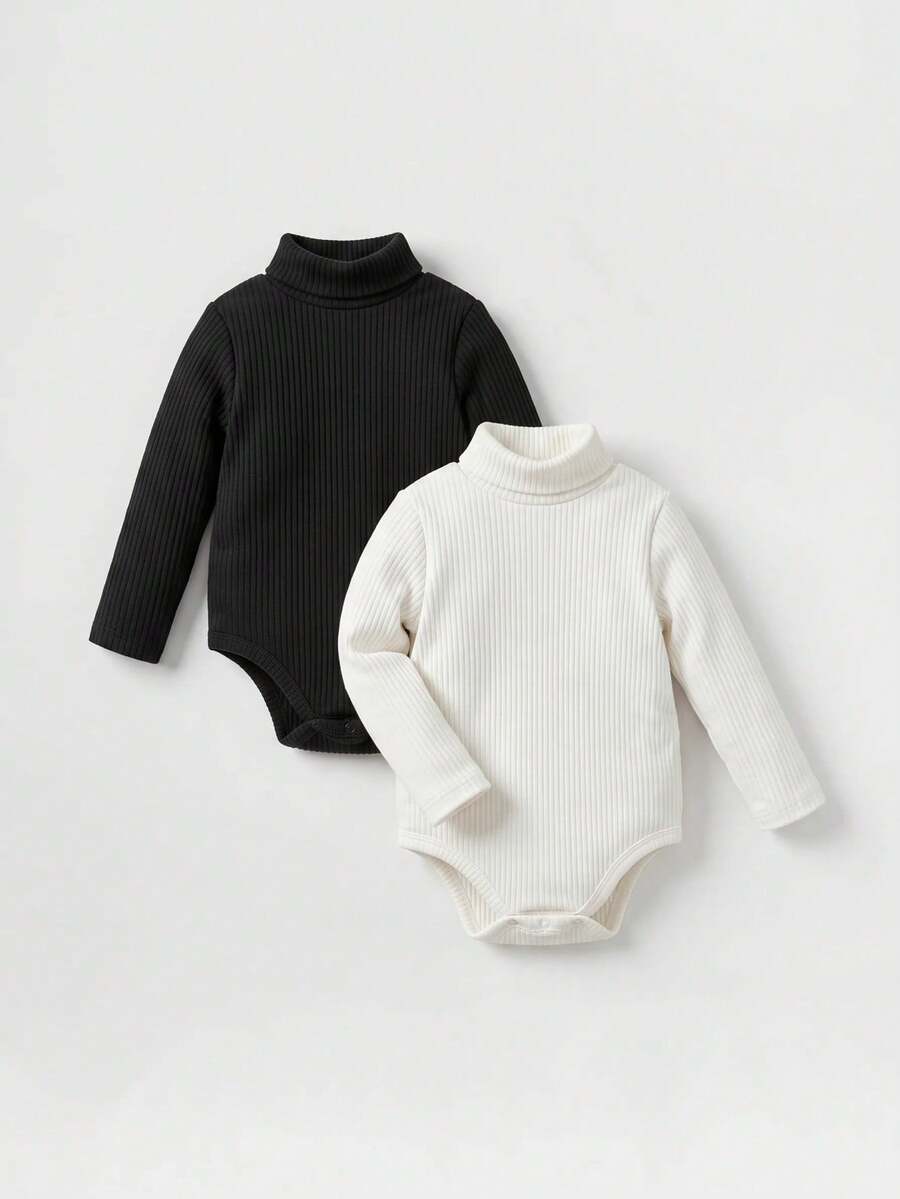 SHEIN 2pcs Baju Terusan Bayi Perempuan Kasual Lucu Rajut Warna Polos Lengan Panjang - Hitam dan Putih - View 1