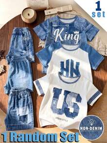 1 Random Set , Series Pattern Printed Casual Fashion Crew Neck Short Sleeve T-Shirt With Shorts, School Clothes Suitable For Daily Wear - Multicolor - View 1
